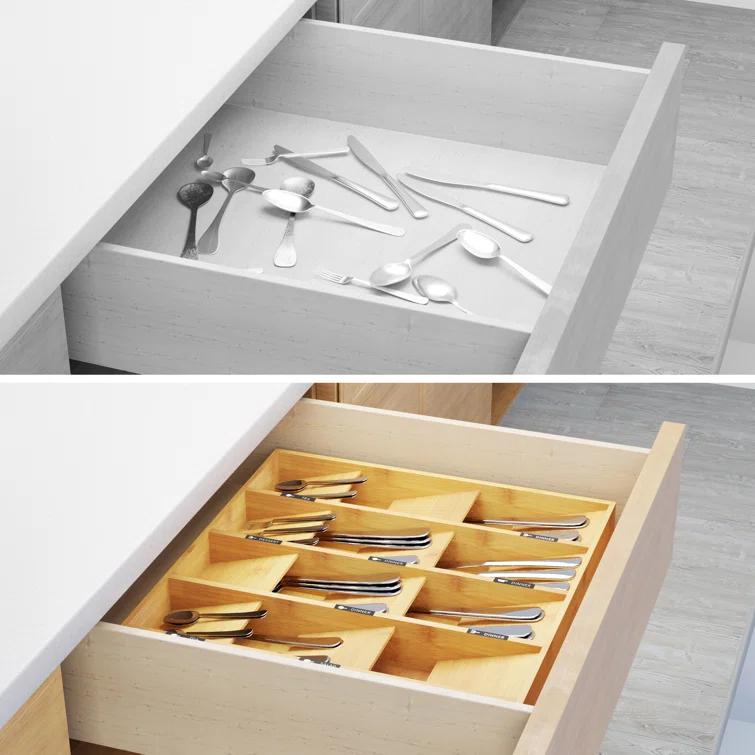 Bamboo Silverware Drawer Organizer with Labels - Kitchen Utensil Tray Holder for Flatware, Cutlery, Spoons, and Knives,Slots
