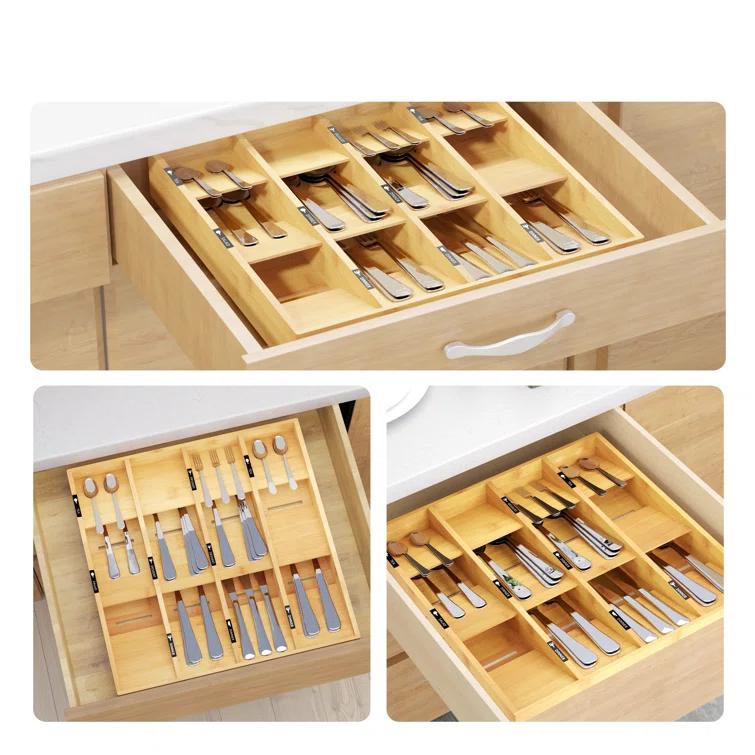 Bamboo Silverware Drawer Organizer with Labels - Kitchen Utensil Tray Holder for Flatware, Cutlery, Spoons, and Knives,Slots