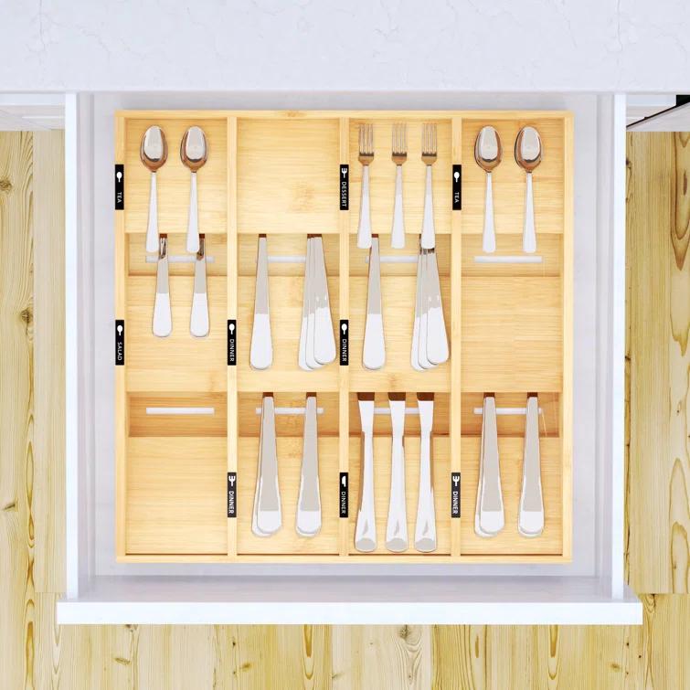 Bamboo Silverware Drawer Organizer with Labels - Kitchen Utensil Tray Holder for Flatware, Cutlery, Spoons, and Knives,Slots