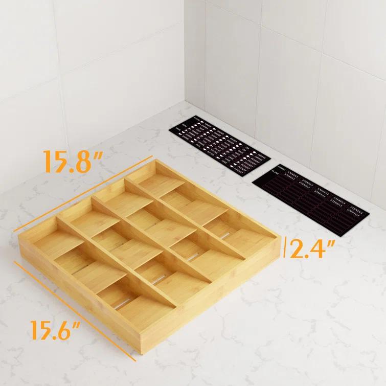 Bamboo Silverware Drawer Organizer with Labels - Kitchen Utensil Tray Holder for Flatware, Cutlery, Spoons, and Knives,Slots
