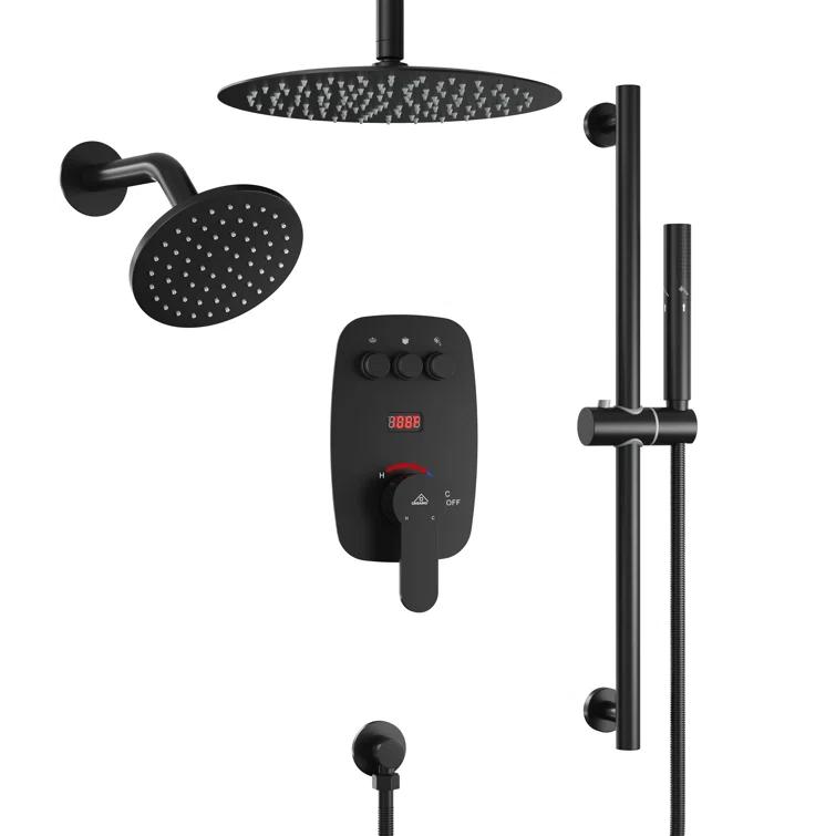 Rainfall Symphony 12inch Dual Showerhead Temperature Display Shower System with 2 in 1 Slider Bar Shower Handheld