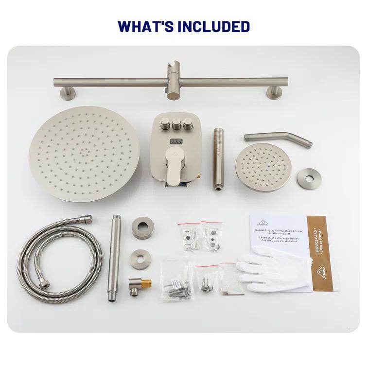 CASAINC BR01008SX12BN Rainfall Symphony 12inch Dual Showerhead Temperature Display Shower System with 2 in 1 Slider Bar Shower Handheld