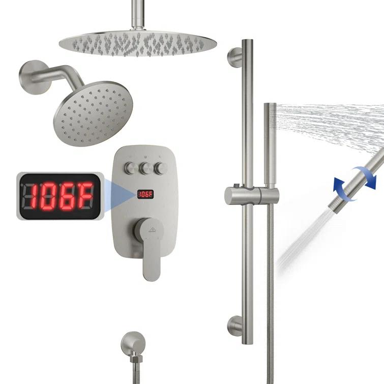 CASAINC BR01008SX12BN Rainfall Symphony 12inch Dual Showerhead Temperature Display Shower System with 2 in 1 Slider Bar Shower Handheld