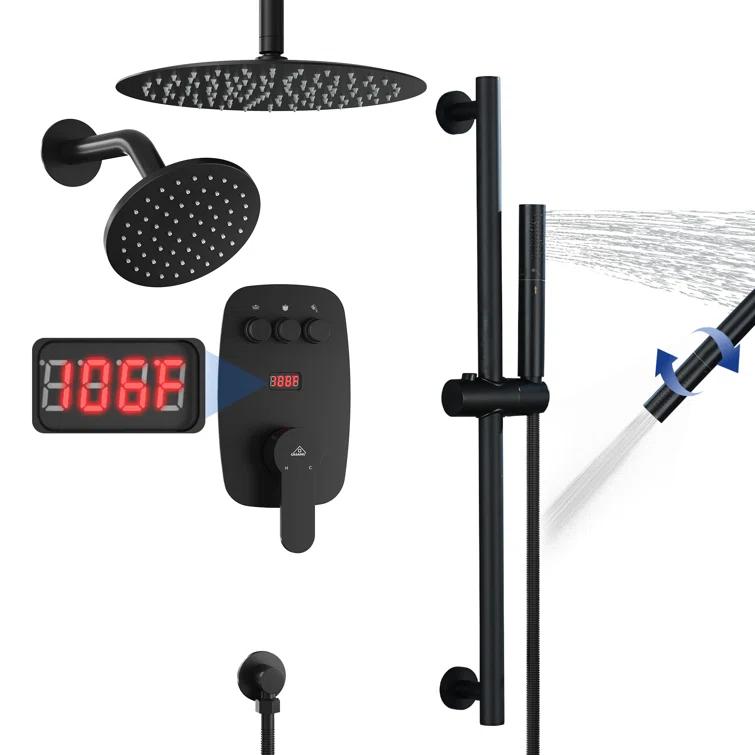 Rainfall Symphony 12inch Dual Showerhead Temperature Display Shower System with 2 in 1 Slider Bar Shower Handheld