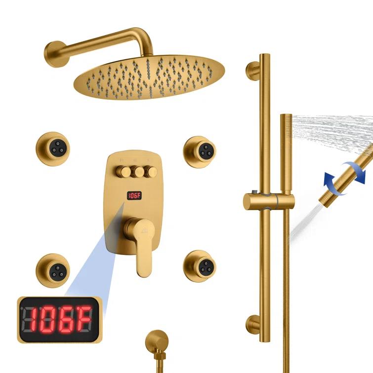 3-Function 12 Inch Temperature Digital Display Shower System With 2-Setting Slider Bar Handheld And 4Pcs Body Jets