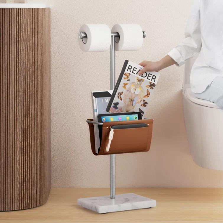 KES Toilet Paper Holder Stand With Bathroom Magazine Rack, Magazine Holder And Double Roll Toilet Paper Holder Free Standing, Weighted Marble Base