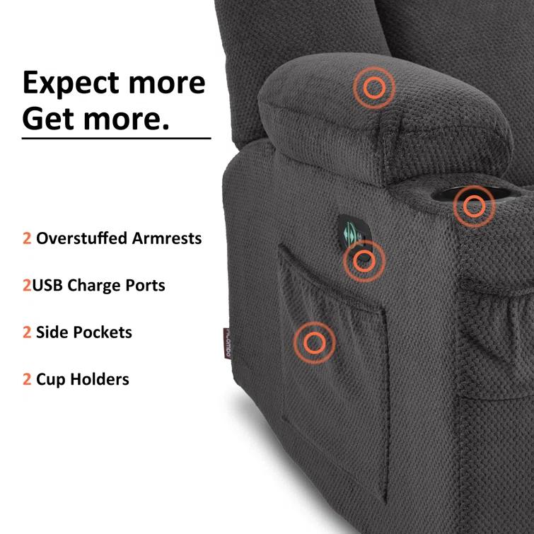 Power Reclining Sofa with Heat and Massage, USB Ports, Cup Holders, 3-Seat Dual Recliner Sofa