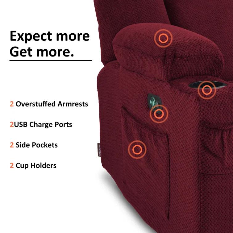 Power Reclining Sofa with Heat and Massage, USB Ports, Cup Holders, 3-Seat Dual Recliner Sofa