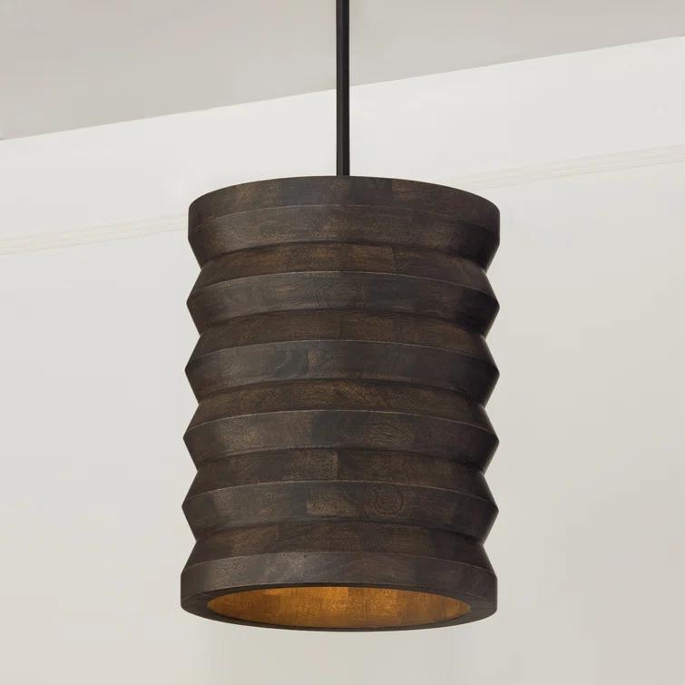 14" W x 18" H 1-Light Pendant in Matte Black and Handcrafted Mango Wood in Espresso Stain