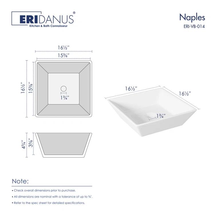 Naples 16" W x 5" H Square Vitreous ChinaBathroom Countertop Sink Vessel Sink in White