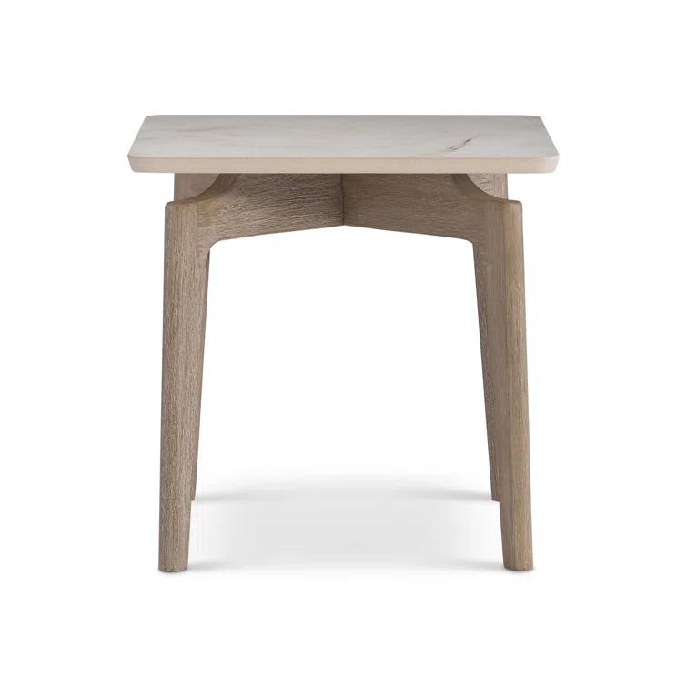 Aurora Beige and Brown Teak and Stone Square Side Table
