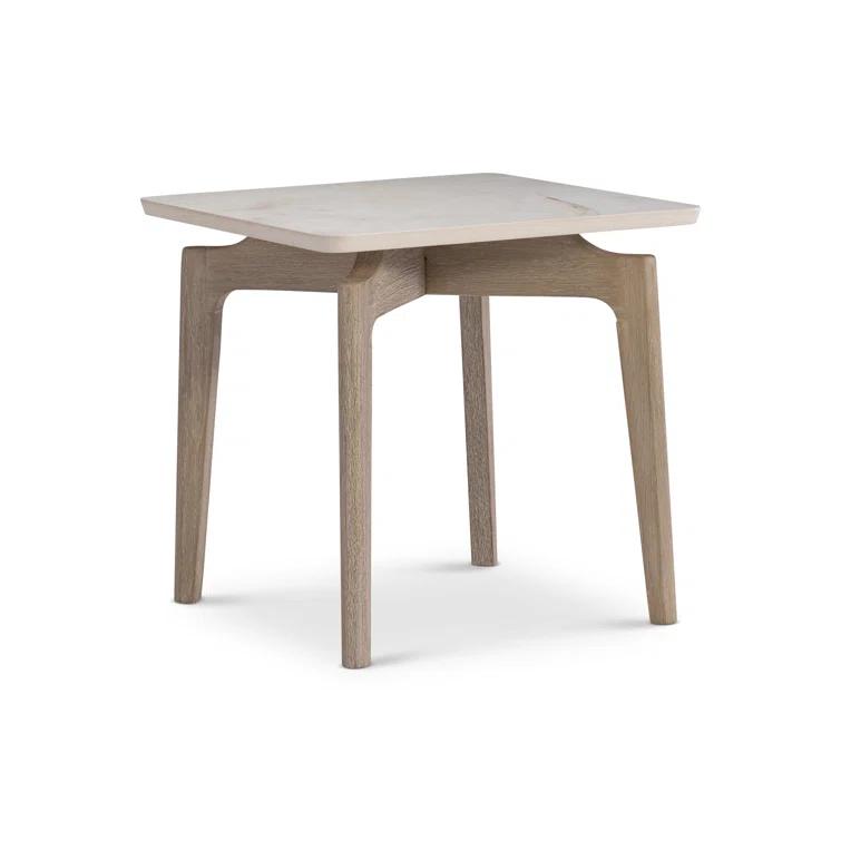 Aurora Beige and Brown Teak and Stone Square Side Table