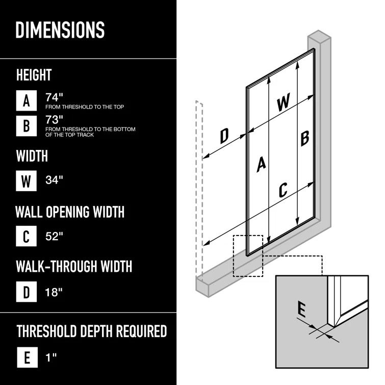 Meridian 34" W x 74" H Fixed Framed Shower Screen with 3/8" Glass