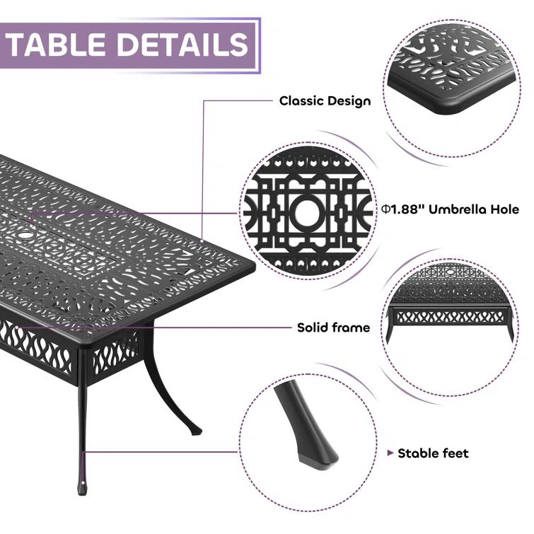 MIRROR FLY 58.27"L 34.65"W Rectangular Table Cast Aluminum Outdoor Dining Set with Umbrella Hole and Red Cushions
