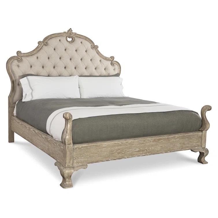 Weathered Oak King Bed with Tufted Upholstered Headboard