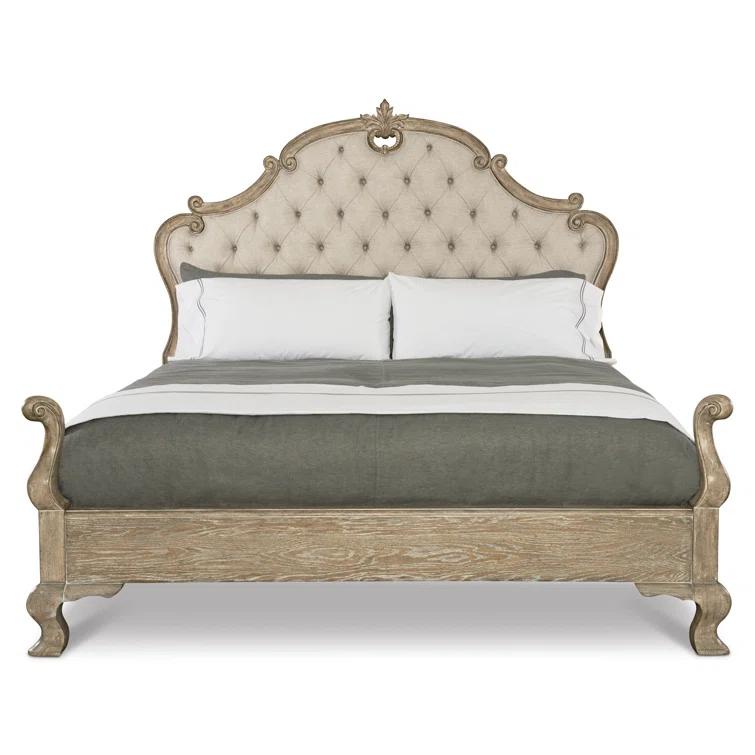 Weathered Oak King Bed with Tufted Upholstered Headboard