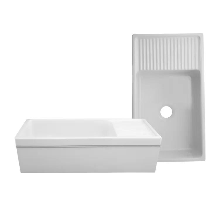 Whitehaus Collection 36” Single Bowl Fireclay Kitchen Sink: Integral Drainboard, Lip Front Apron