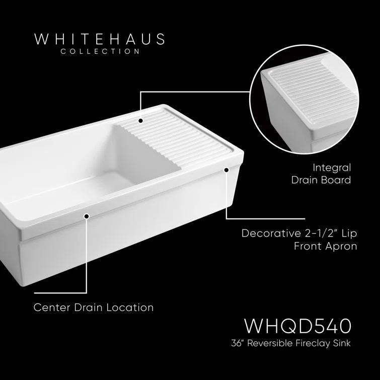 Whitehaus Collection 36” Single Bowl Fireclay Kitchen Sink: Integral Drainboard, Lip Front Apron
