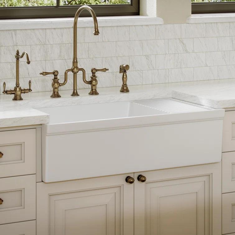 Whitehaus Collection 36” Single Bowl Fireclay Kitchen Sink: Integral Drainboard, Lip Front Apron