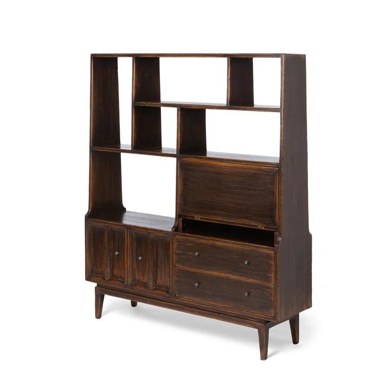 Brown Pine Wood Etagere Bookcase with Hidden Desk