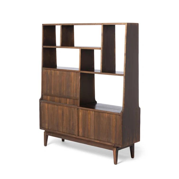 Brown Pine Wood Etagere Bookcase with Hidden Desk