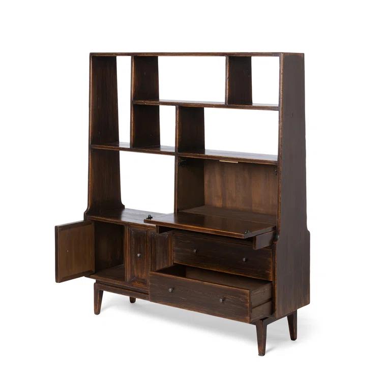 Brown Pine Wood Etagere Bookcase with Hidden Desk