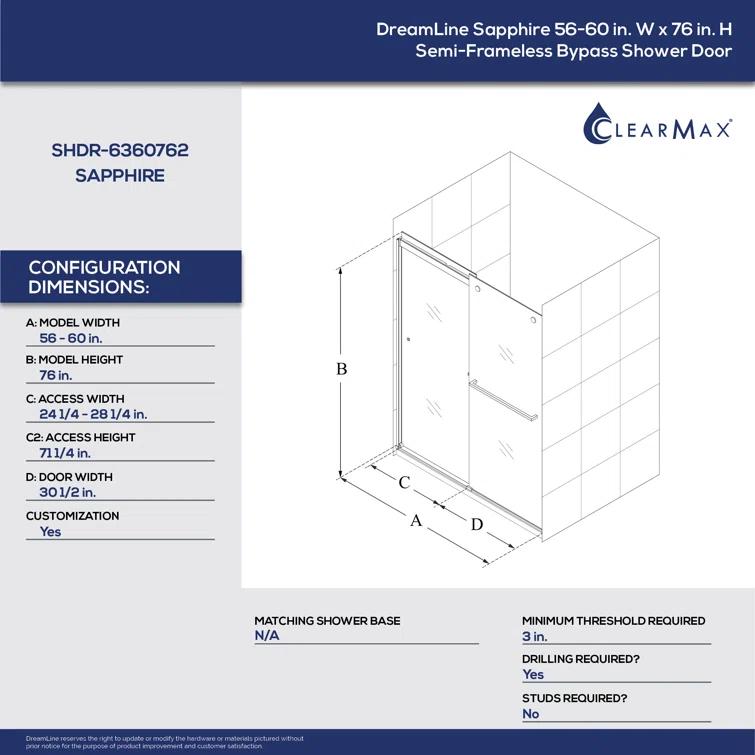 Sapphire 56" W x 76" H Frameless Shower Door