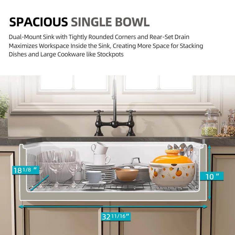 Pure 33 in. Workstation White Kitchen Sink Apron Front Fireclay Farmhouse Sink Single Bowl with Accessory Kit