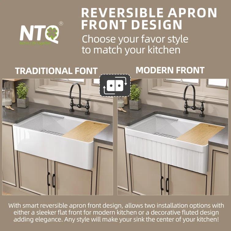 Pure 33 in. Workstation White Kitchen Sink Apron Front Fireclay Farmhouse Sink Single Bowl with Accessory Kit