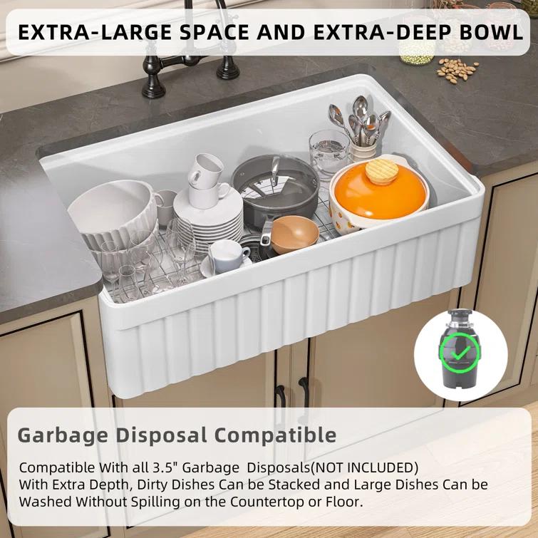 Pure 33 in. Workstation White Kitchen Sink Apron Front Fireclay Farmhouse Sink Single Bowl with Accessory Kit
