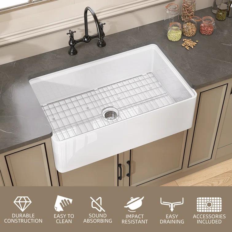 Pure 33 in. Workstation White Kitchen Sink Apron Front Fireclay Farmhouse Sink Single Bowl with Accessory Kit