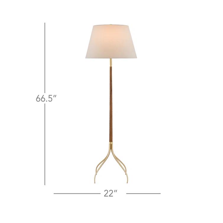 Natural Wood and Brushed Brass Floor Lamp with Off-White Linen Shade