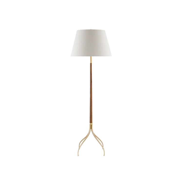 Natural Wood and Brushed Brass Floor Lamp with Off-White Linen Shade