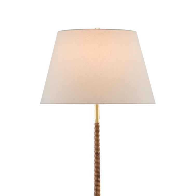 Natural Wood and Brushed Brass Floor Lamp with Off-White Linen Shade