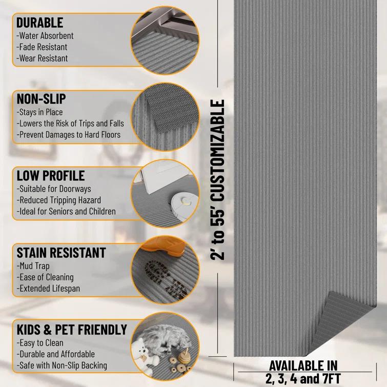 Custom Cut Non-Slip Rubberback Scrape Indoor/Outdoor Extra Long Runner Rugs for Hallway, Kitchen, Living Room, Garage, and Patio