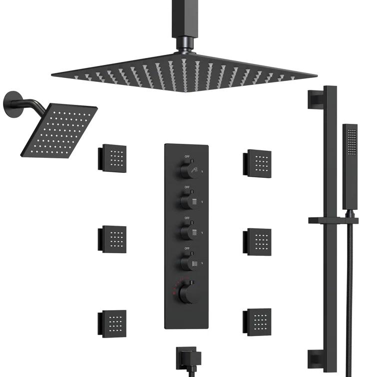 DualJetSpa 15-Spray Patterns 16" & 6" Dual Shower Head, Shower FaucetSystem with Thermostatic Rough-in Valve and Body Jets