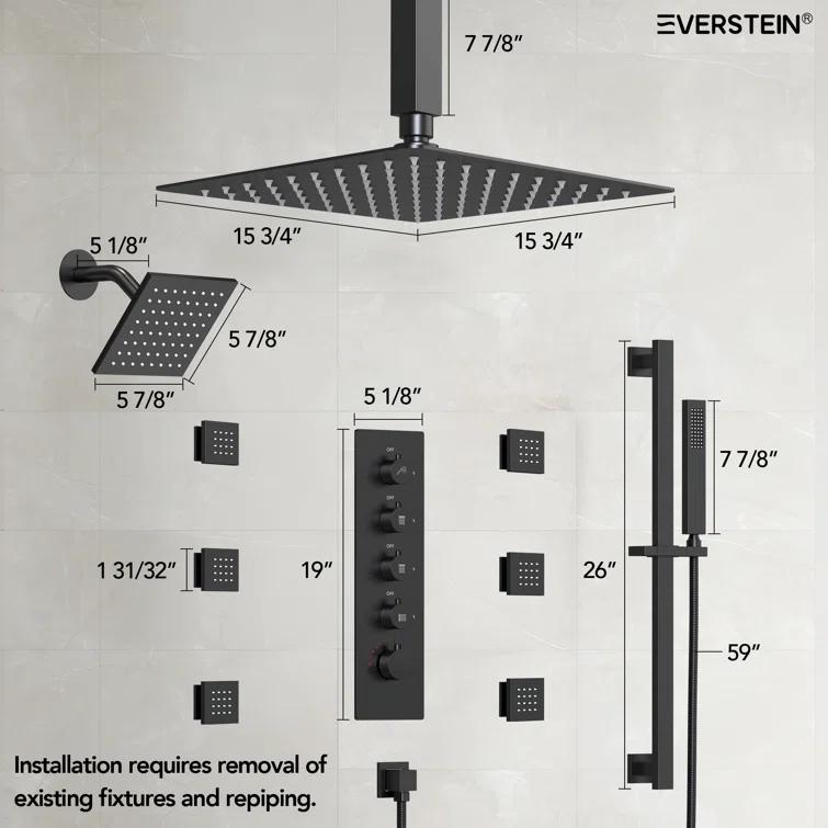 DualJetSpa 15-Spray Patterns 16" & 6" Dual Shower Head, Shower FaucetSystem with Thermostatic Rough-in Valve and Body Jets
