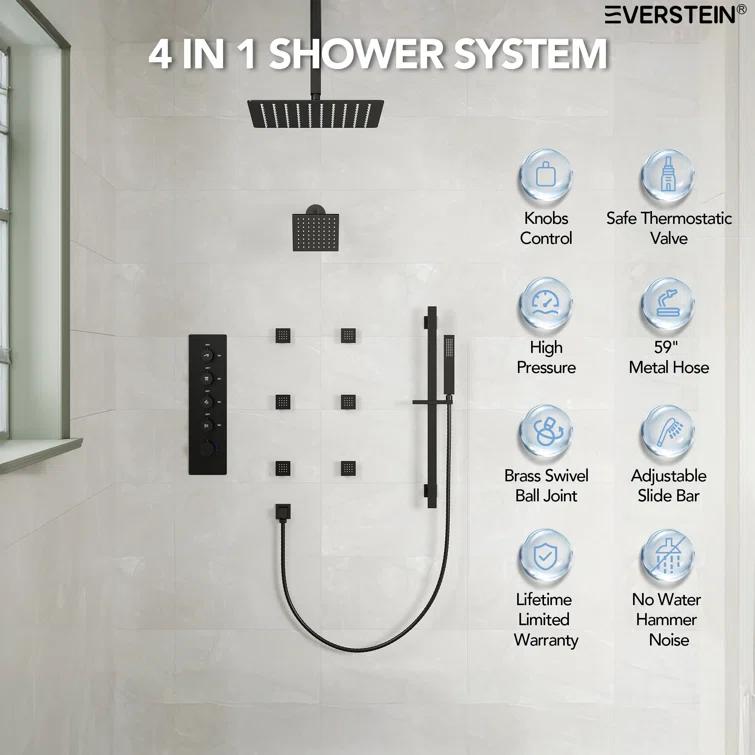 DualJetSpa 15-Spray Patterns 16" & 6" Dual Shower Head, Shower FaucetSystem with Thermostatic Rough-in Valve and Body Jets