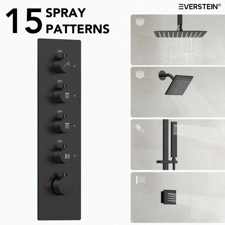 DualJetSpa 15-Spray Patterns 16" & 6" Dual Shower Head, Shower FaucetSystem with Thermostatic Rough-in Valve and Body Jets