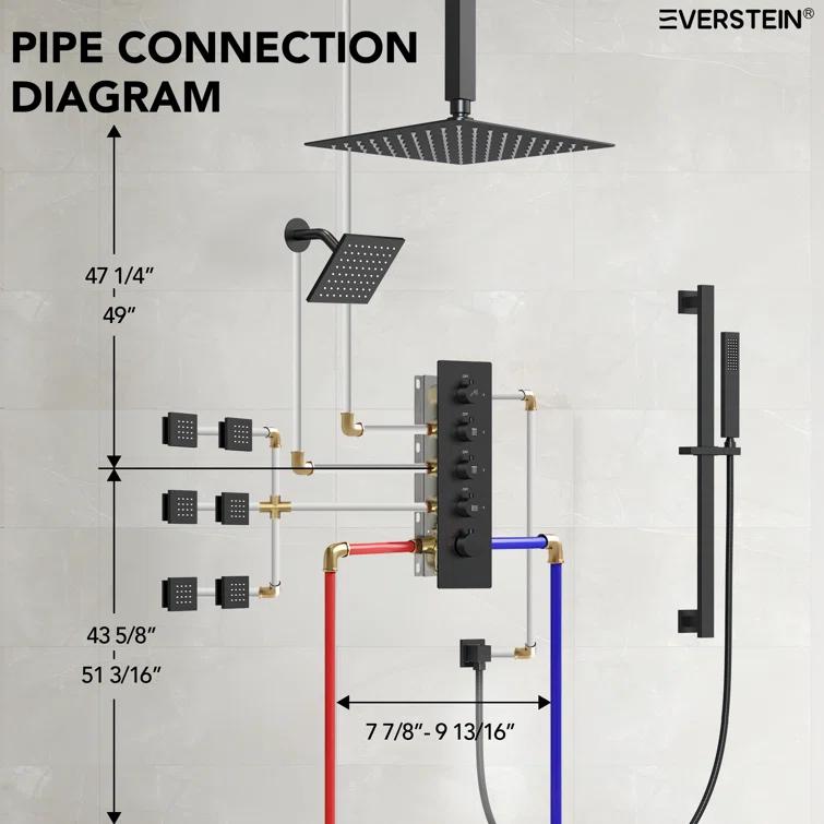 DualJetSpa 15-Spray Patterns 16" & 6" Dual Shower Head, Shower FaucetSystem with Thermostatic Rough-in Valve and Body Jets