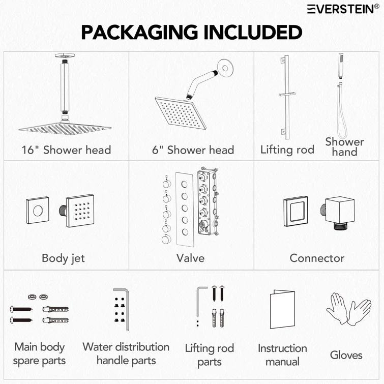 DualJetSpa 15-Spray Patterns 16" & 6" Dual Shower Head, Shower FaucetSystem with Thermostatic Rough-in Valve and Body Jets