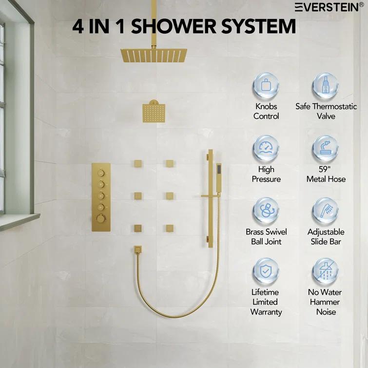 DualJetSpa 15-Spray Patterns 16" & 6" Dual Shower Head, Shower FaucetSystem with Thermostatic Rough-in Valve and Body Jets