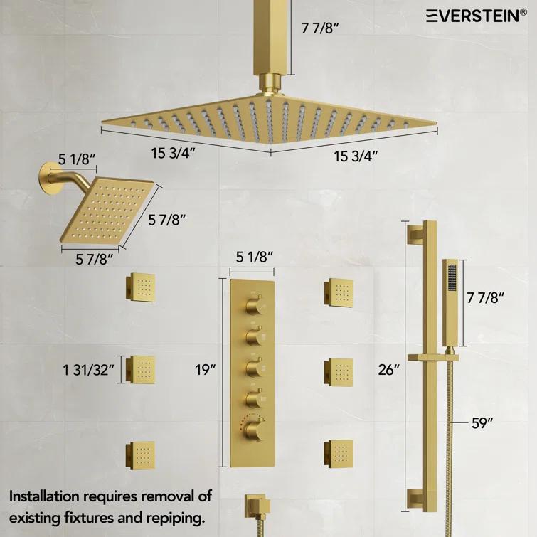 DualJetSpa 15-Spray Patterns 16" & 6" Dual Shower Head, Shower FaucetSystem with Thermostatic Rough-in Valve and Body Jets