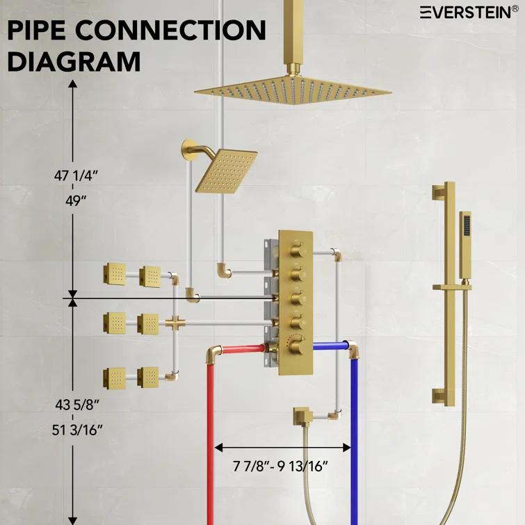 DualJetSpa 15-Spray Patterns 16" & 6" Dual Shower Head, Shower FaucetSystem with Thermostatic Rough-in Valve and Body Jets