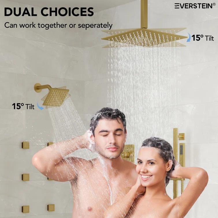 DualJetSpa 15-Spray Patterns 16" & 6" Dual Shower Head, Shower FaucetSystem with Thermostatic Rough-in Valve and Body Jets