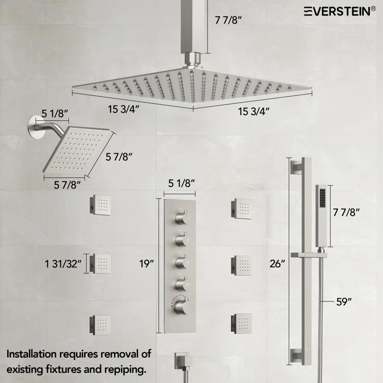 DualJetSpa 15-Spray Patterns 16" & 6" Dual Shower Head, Shower FaucetSystem with Thermostatic Rough-in Valve and Body Jets