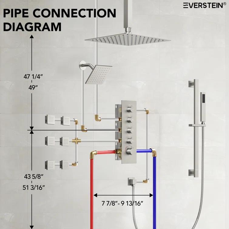DualJetSpa 15-Spray Patterns 16" & 6" Dual Shower Head, Shower FaucetSystem with Thermostatic Rough-in Valve and Body Jets
