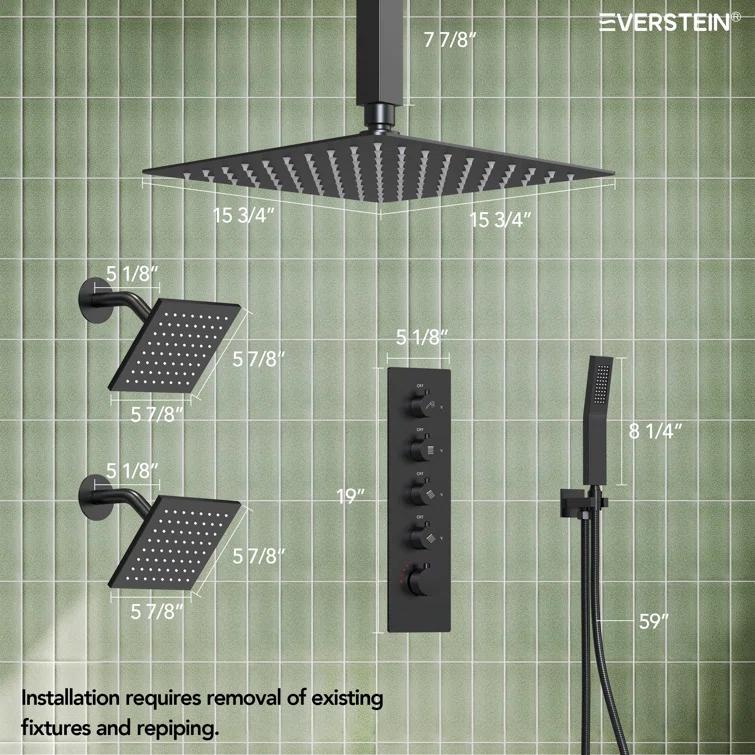 15-Spray Patterns 16" & 6" Triple Shower Heads, Shower FaucetSystem with Thermostatic Rough-in Valve