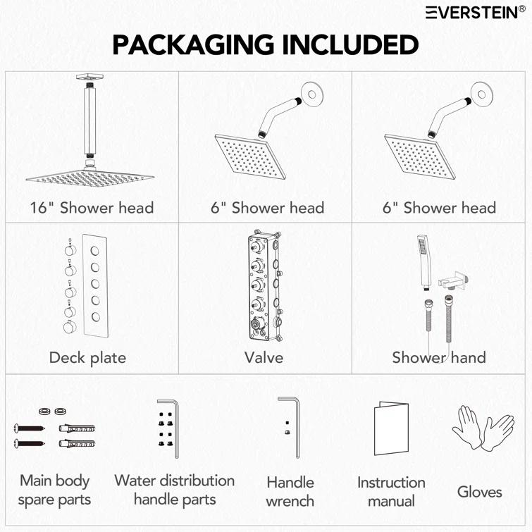 15-Spray Patterns 16" & 6" Triple Shower Heads, Shower FaucetSystem with Thermostatic Rough-in Valve