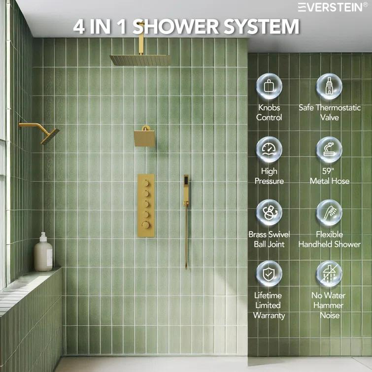 Thermostatic Shower Faucet 16" High-Pressure Triple Showerheads with Rough-In Valve
